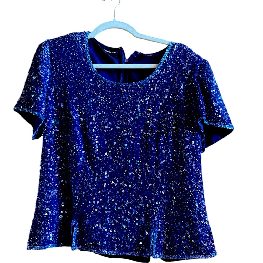 Vintage Landmark Women’s Silk Purple Short Sleeve Sequin Top Size Large Fitted‎